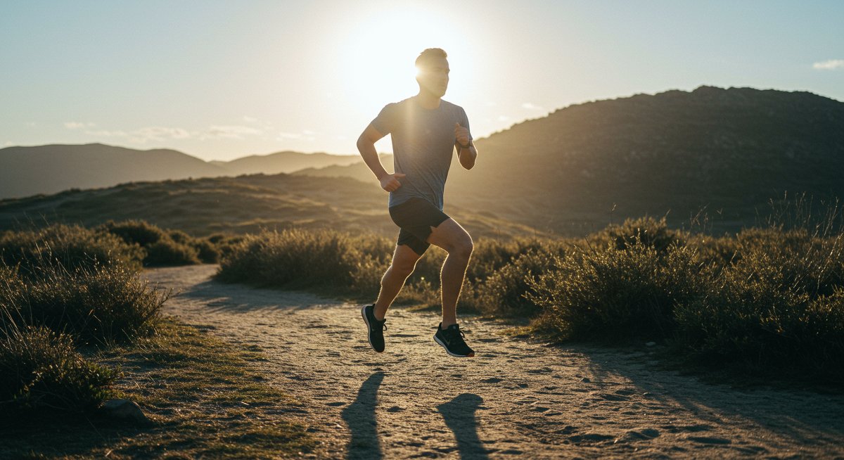 Person doing HIIT workout on outdoor trail with natural lighting