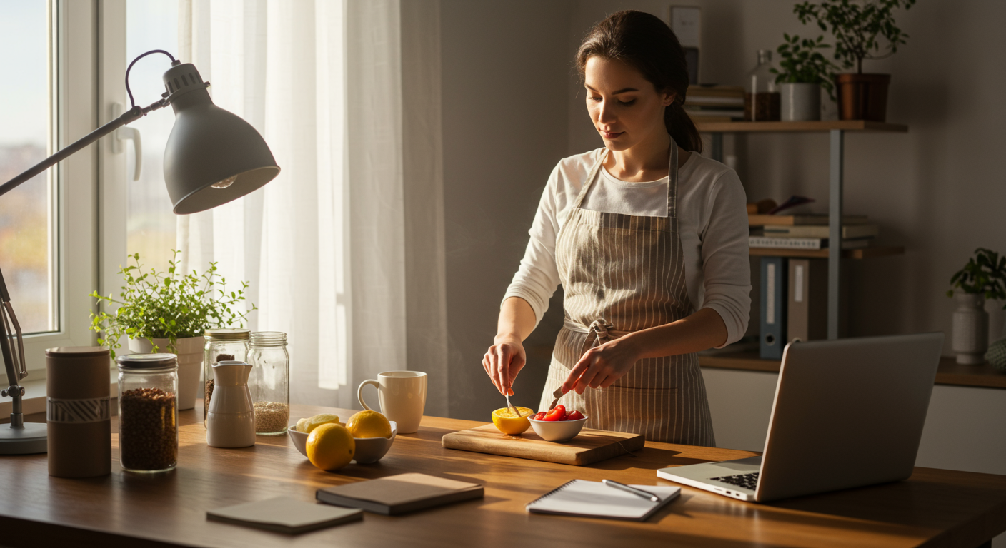 Minimalist meal prep: A person in a clean kitchen prepares healthy meals with organized ingredients, embodying a time-saving and simple lifestyle.