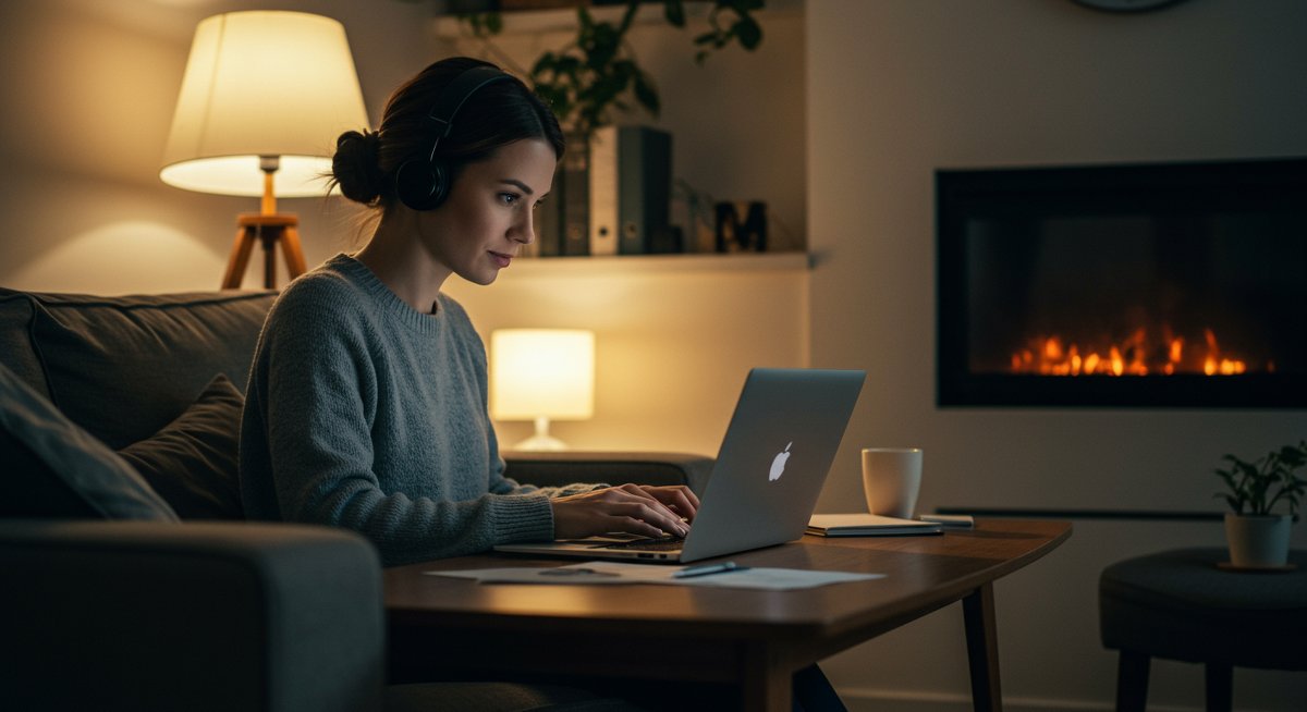 Digital nomad woman reviewing financial data on a laptop in a cozy apartment, highlighting budgeting and cost management skills for remote workers.