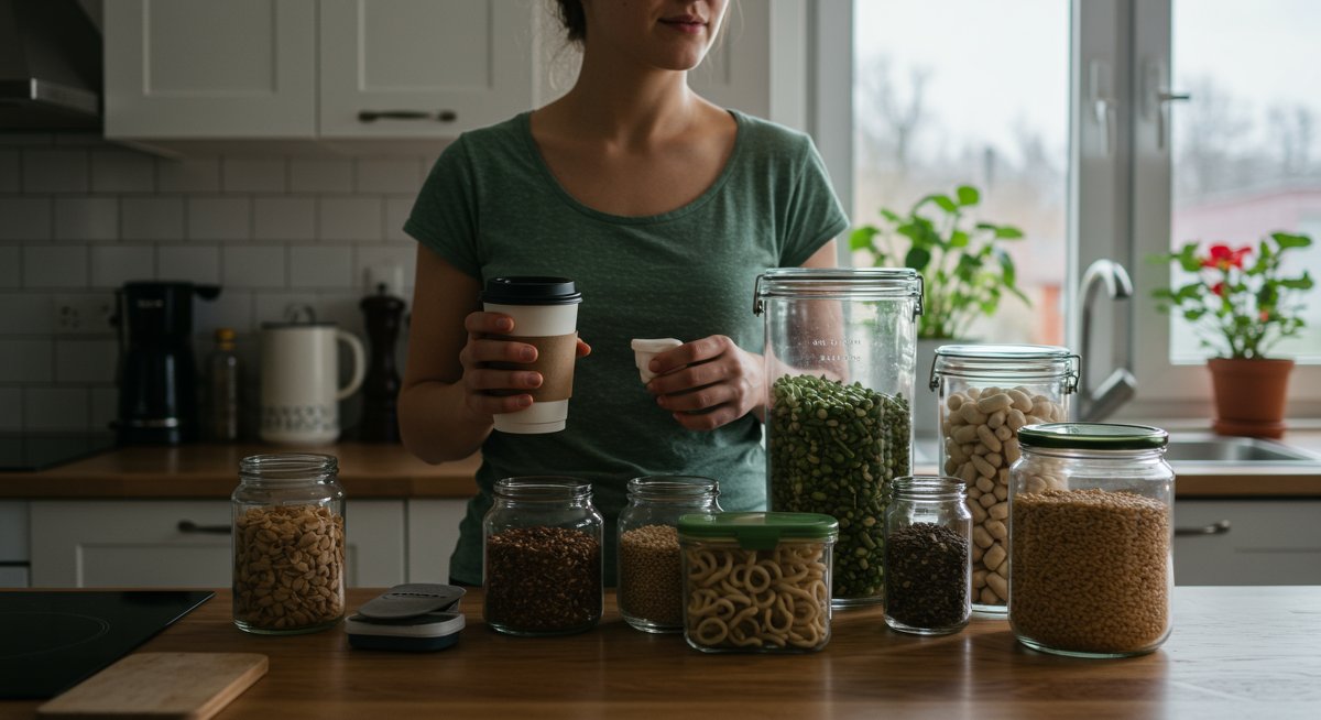 Zero-waste kitchen setup showing reusable containers, bulk food, and compost bin in modern kitchen with natural light