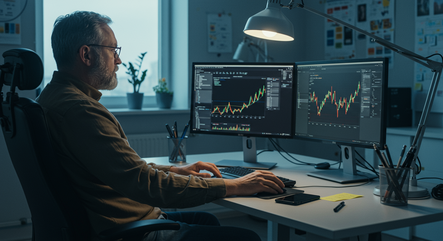 Experienced crypto trader troubleshooting a stuck swap in a modern office. Cryptocurrency market analysis and problem solving.