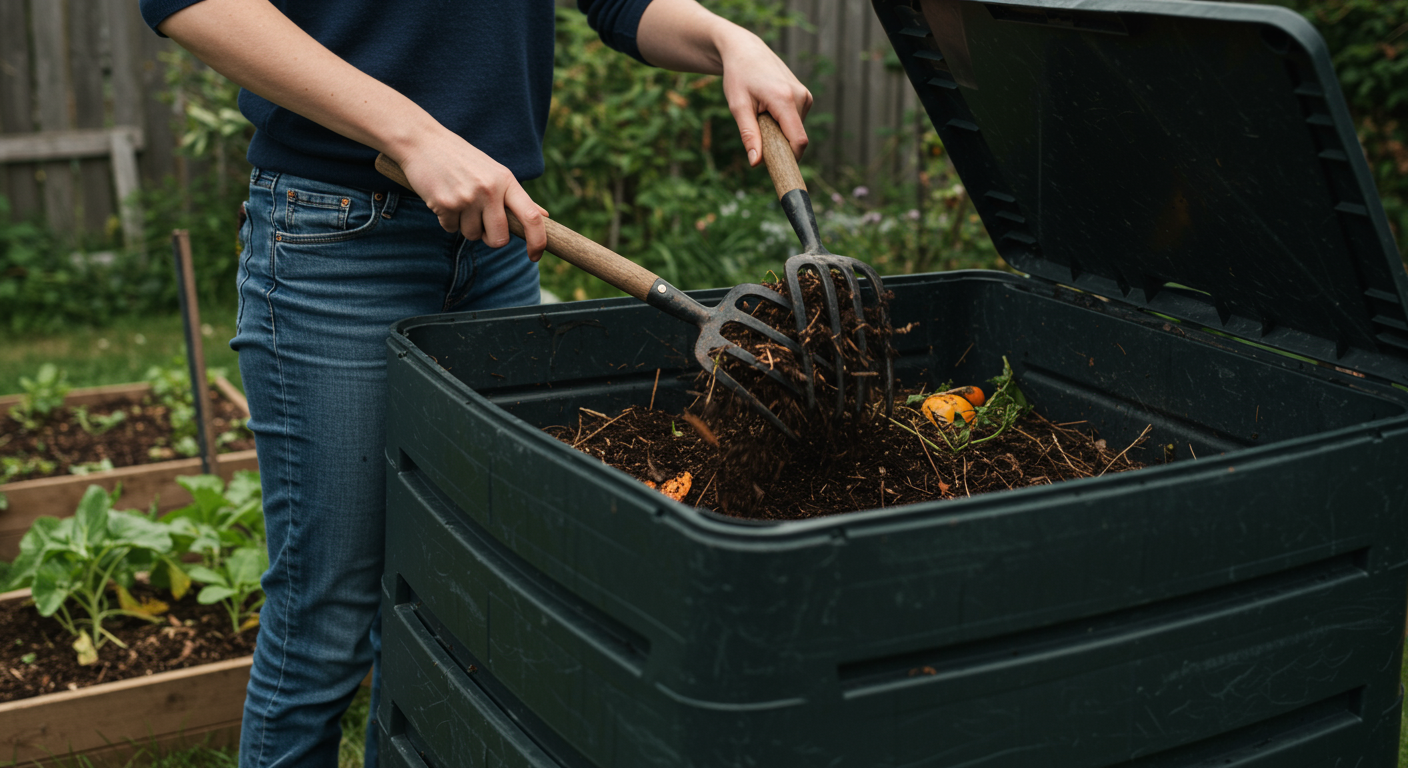 Person turning compost in a backyard compost bin, home composting for beginners, gardening