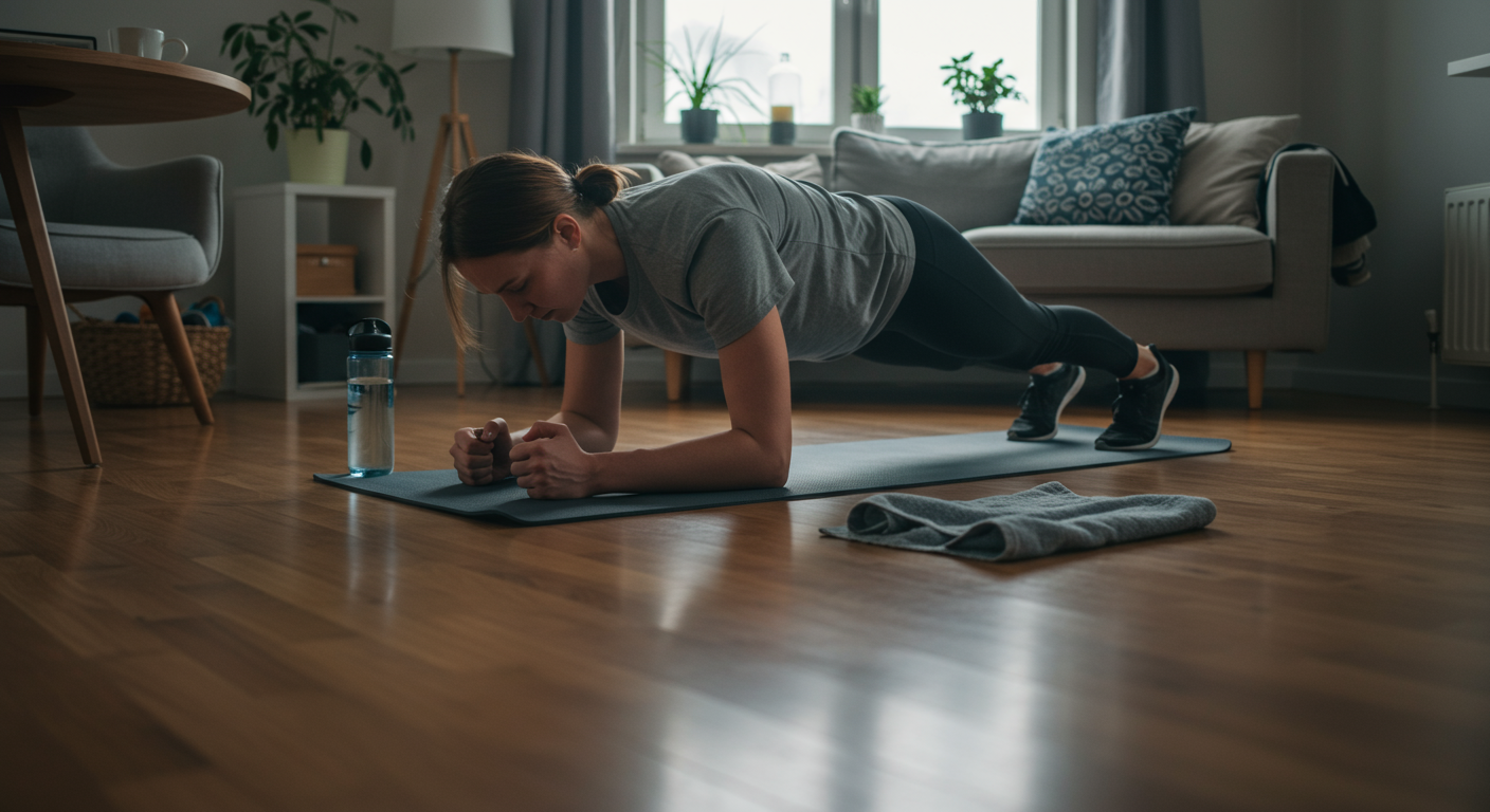 Intermediate fitness person doing planks at home for core strength with a yoga mat and water bottle