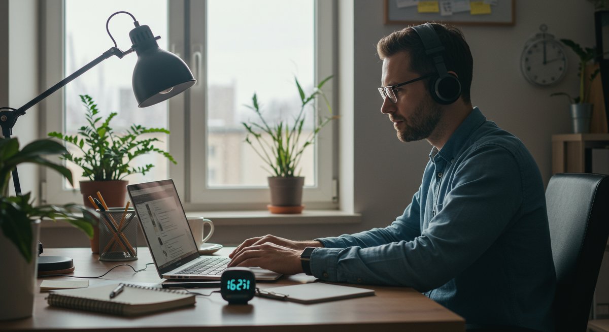 Professional productivity image showing a man focused on work with a Pomodoro timer, modern home office setup, natural light, and minimalist decor