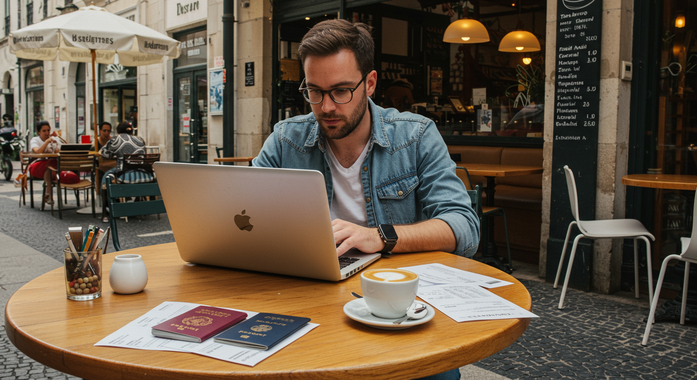 A male digital nomad in Lisbon reviews visa requirements, focusing on travel efficiency and planning for 2025.