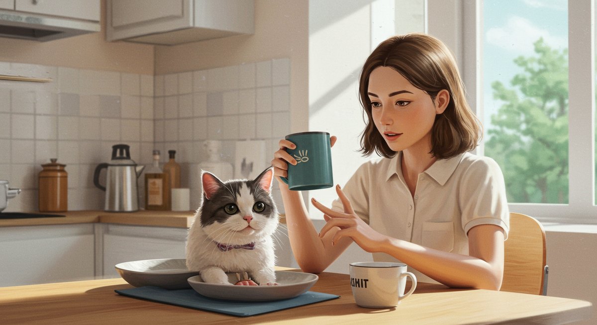 Woman gently brushing her dog's teeth with a pet dental brush and plaque-reducing toothpaste in a bright, organized kitchen setting