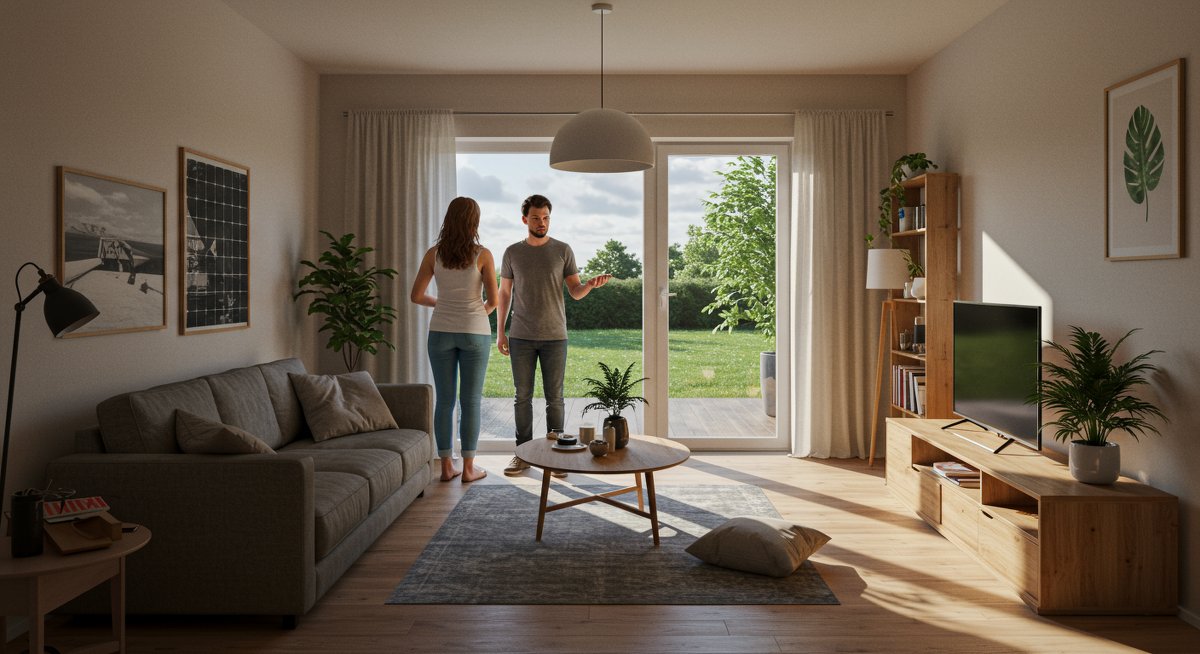 Energy-saving home hacks: solar panels, smart thermostat, weatherstripping, LED bulbs, power strip, unplugging devices, and pipe insulation in a modern eco-friendly home