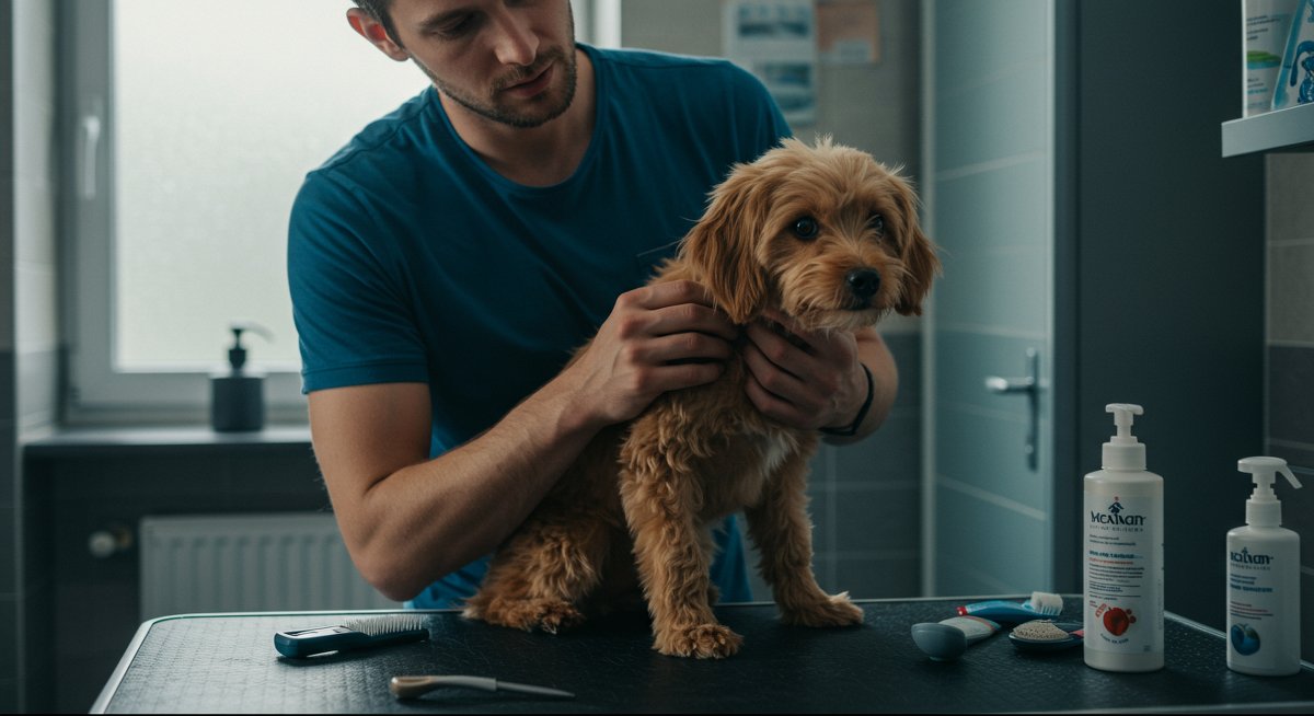 Man examining dog's skin for allergies with grooming tools and allergy test kit in bathroom setting