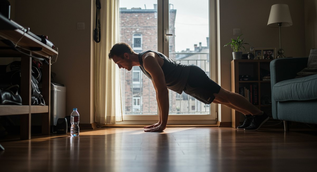 Intermediate fitness enthusiast doing burpees at home with dynamic motion, showcasing fun cardio workout in a compact apartment space