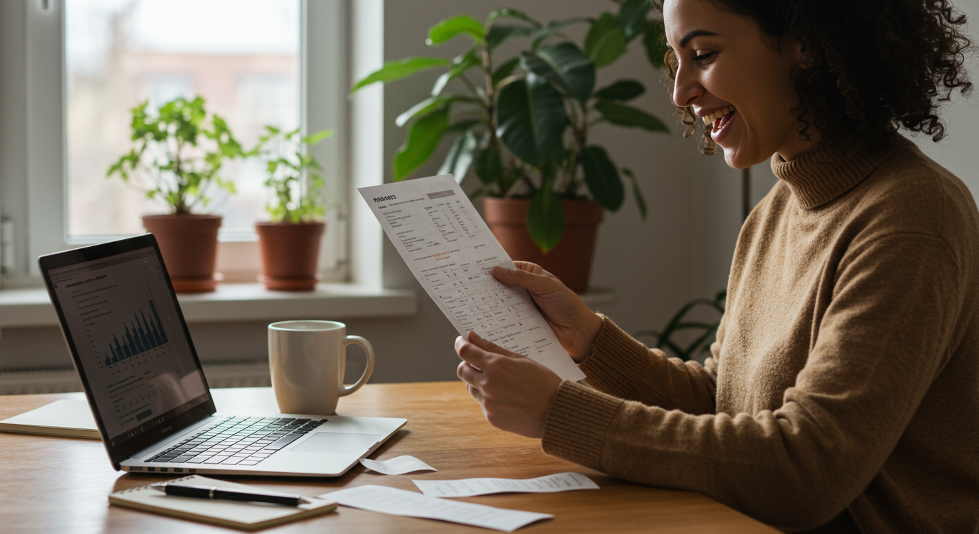 A person happily tracking expenses at a kitchen table with a laptop and coffee. Sunlight streams in from a window illuminating a savings tracker and receipts.