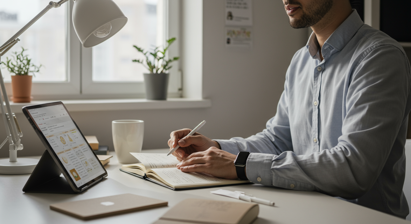 A person in a modern home office using a bullet journal with a tablet for analog productivity. The scene is lit by bright morning light.