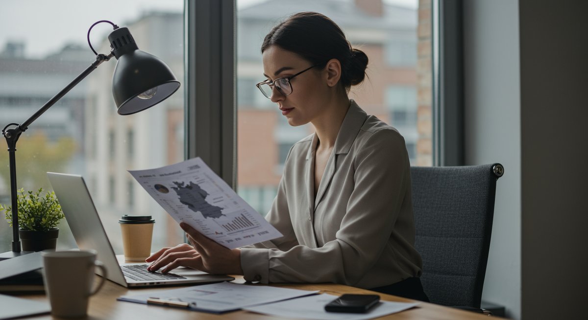 German P2P lending professional analyzing financial regulations and tax strategies in modern workspace