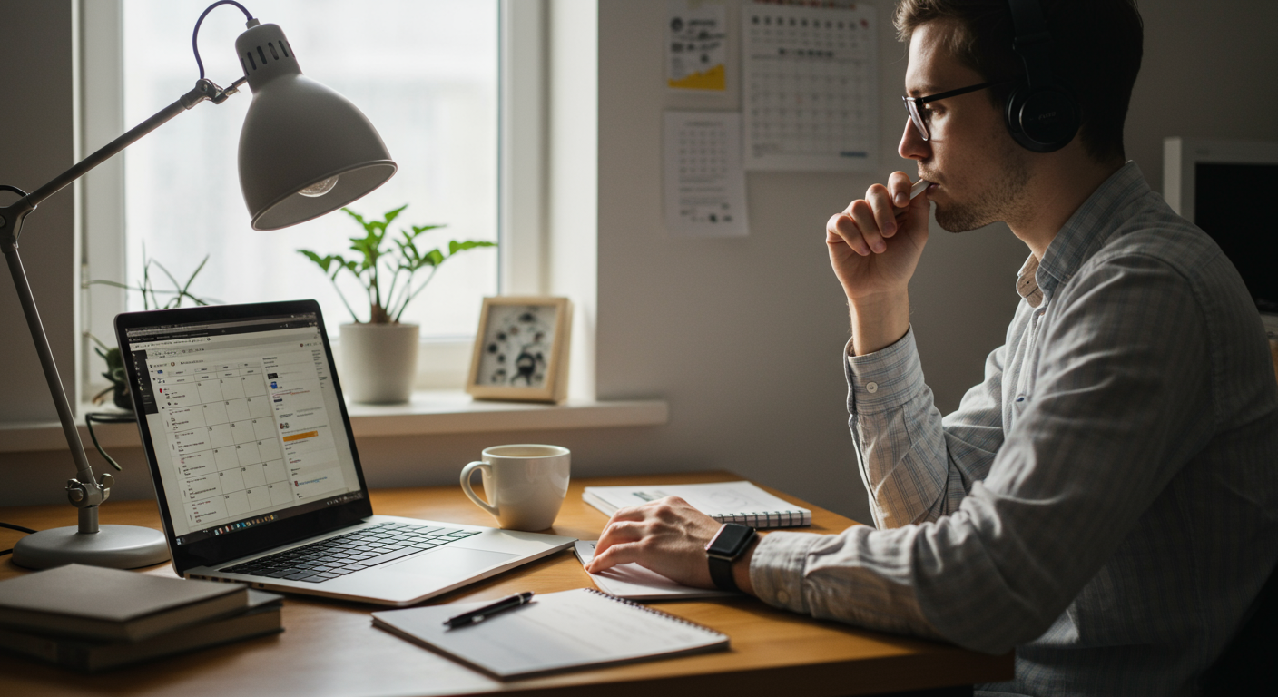 A person working at a desk with a laptop and coffee, focused on deep work in a modern home office setting. The scene is illuminated by natural light, with a visible calendar and ergonomic setup. It embodies the article's theme of enhancing focus.