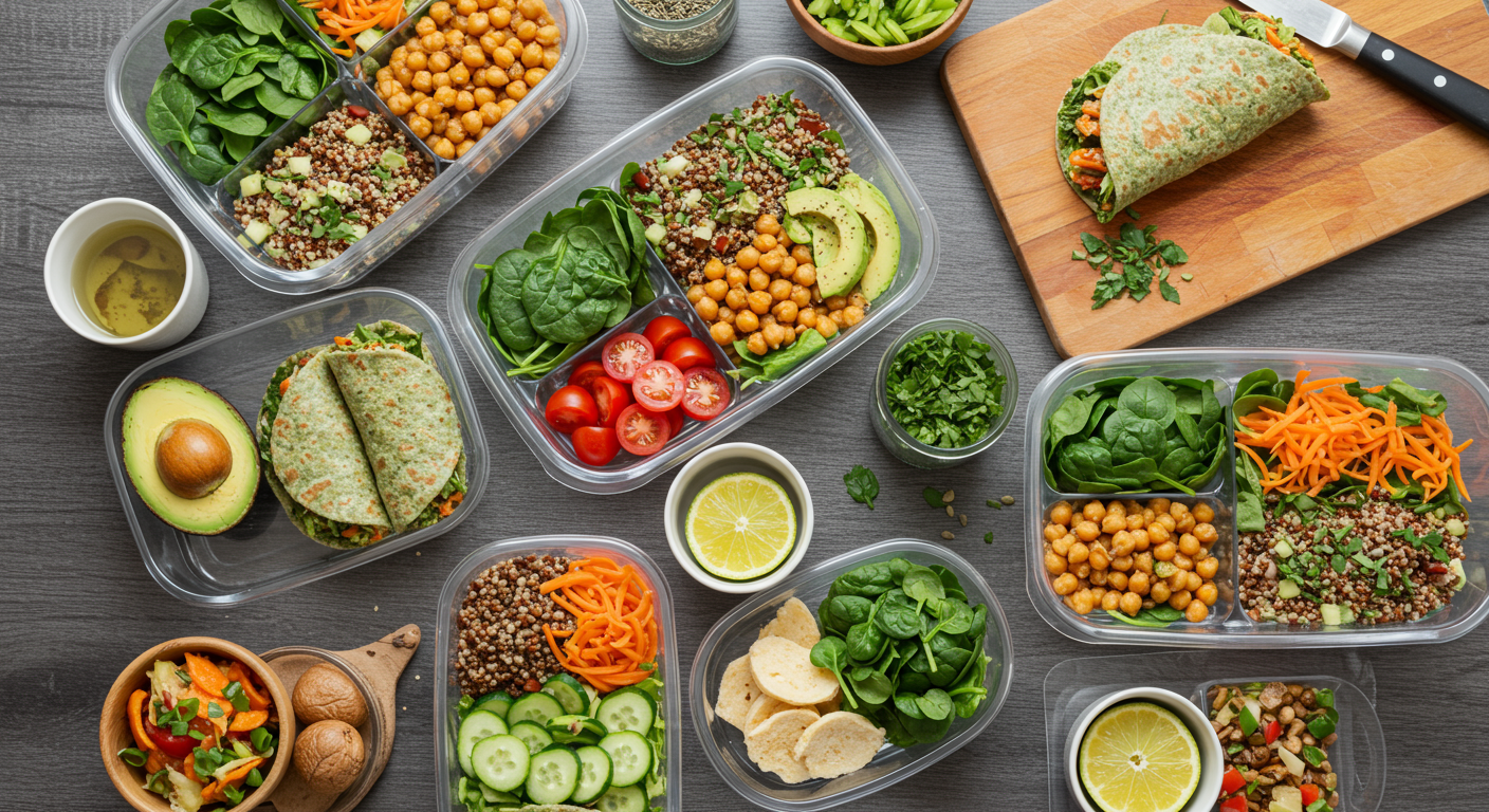 Overhead shot of colorful meal prep containers with healthy vegan lunches. The containers are filled with quinoa salads, chickpea and avocado wraps, and lentil bowls, showcasing the ease of preparing vegan meals.