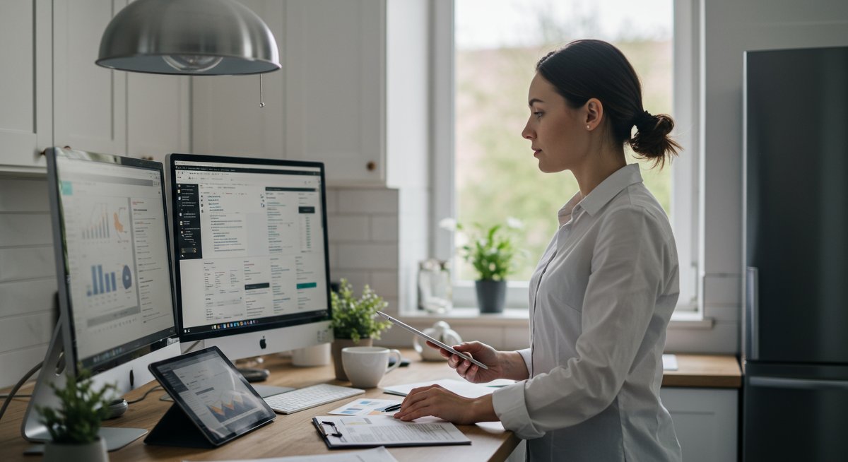Variable income budgeting strategy with professional financial planning setup, dual monitors, tablet, and greenery