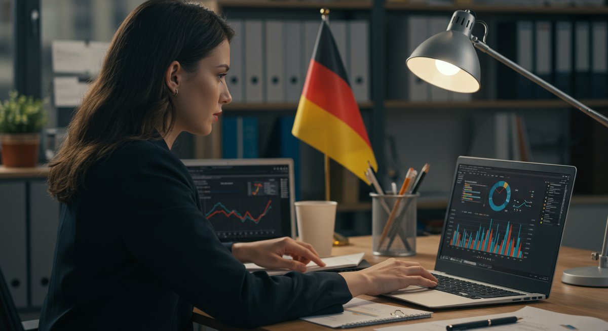 P2P lending Germany guide illustration: Female professional working on digital lending platform with regulatory elements and German national symbols