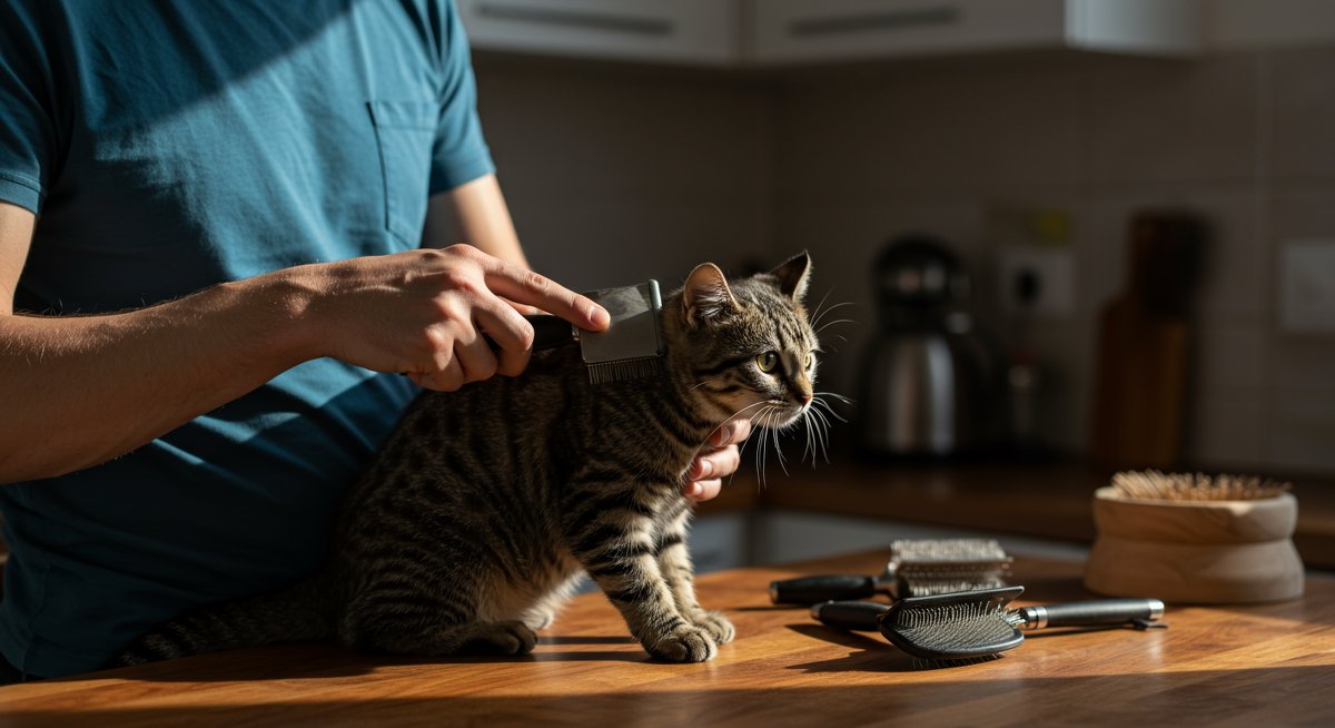 Man grooming cat with slicker brush in modern kitchen showcasing grooming tools