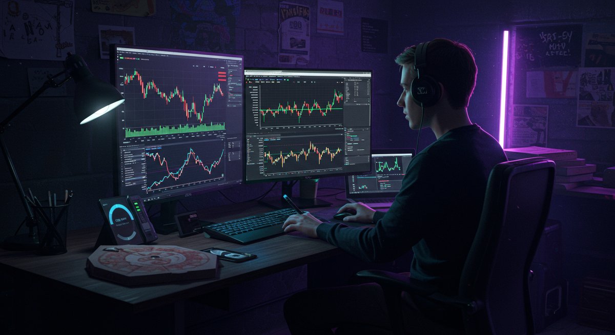 Crypto trader analyzing Bitcoin trading strategy with Pump.fun and DexScreener in dark room
