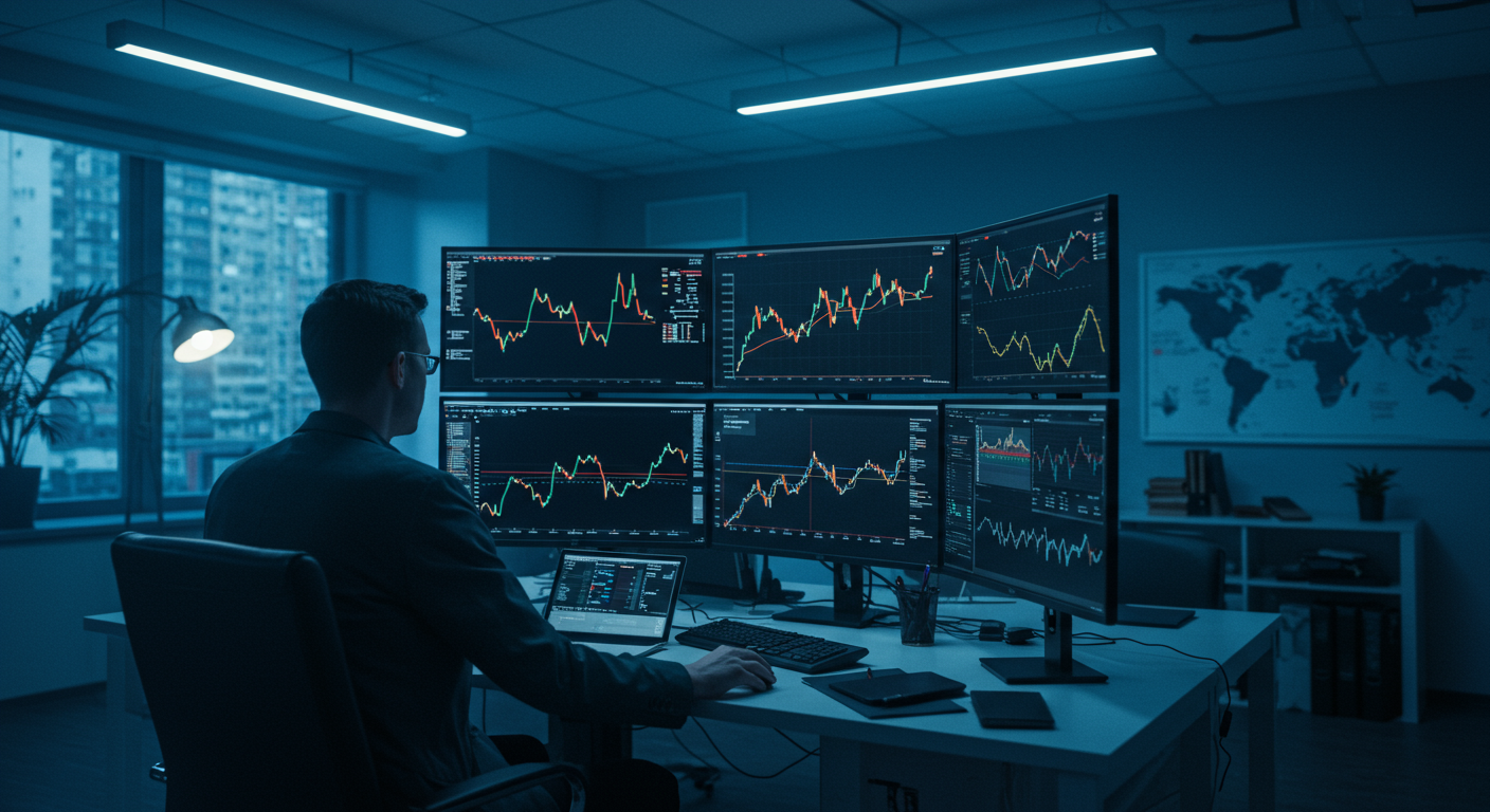 Bitcoin trader analyzing charts on multiple monitors to make informed decisions