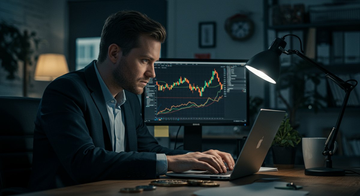 Crypto trader analyzing Bitcoin chart on laptop with financial data