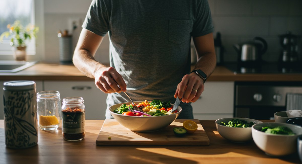 Meal prepping colorful healthy food bowls in kitchen with natural lighting