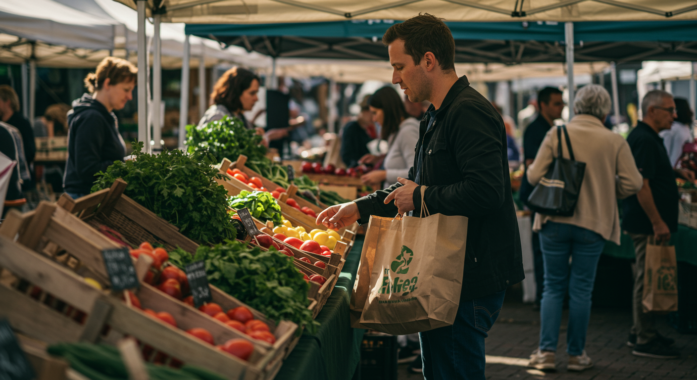 A person browsing fresh produce at a farmers market with reusable bags, showcasing conscious consumption and mindful shopping for a sustainable lifestyle.