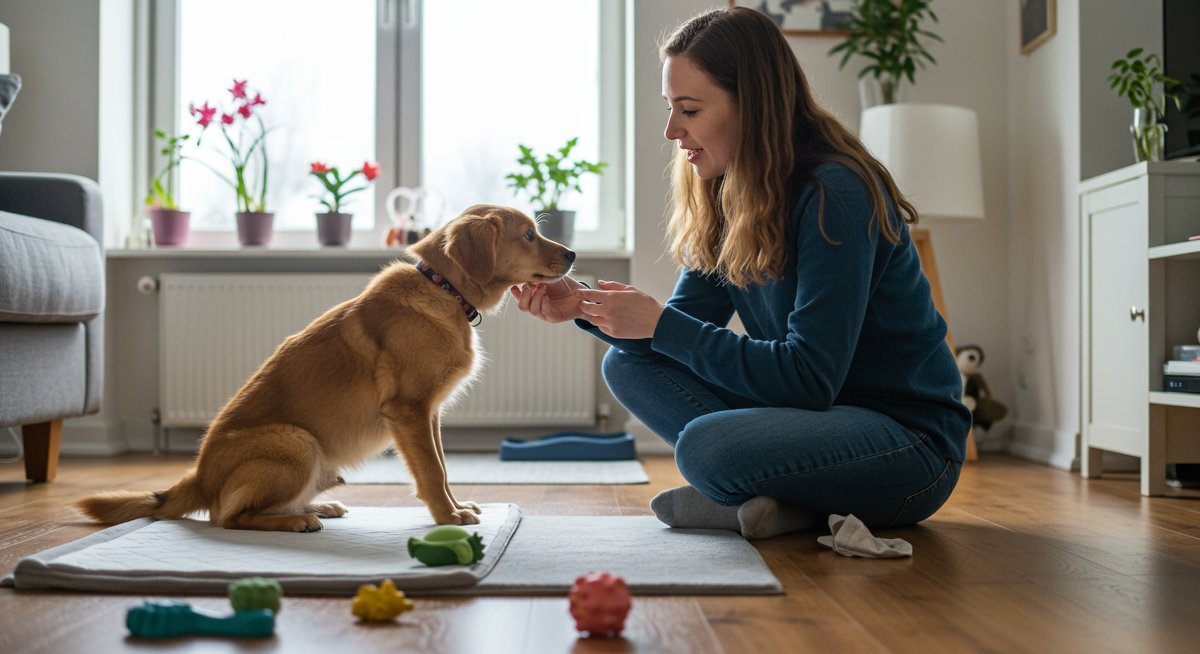 New puppy owner teaching their puppy to potty train in a home setting with training tools and toys
