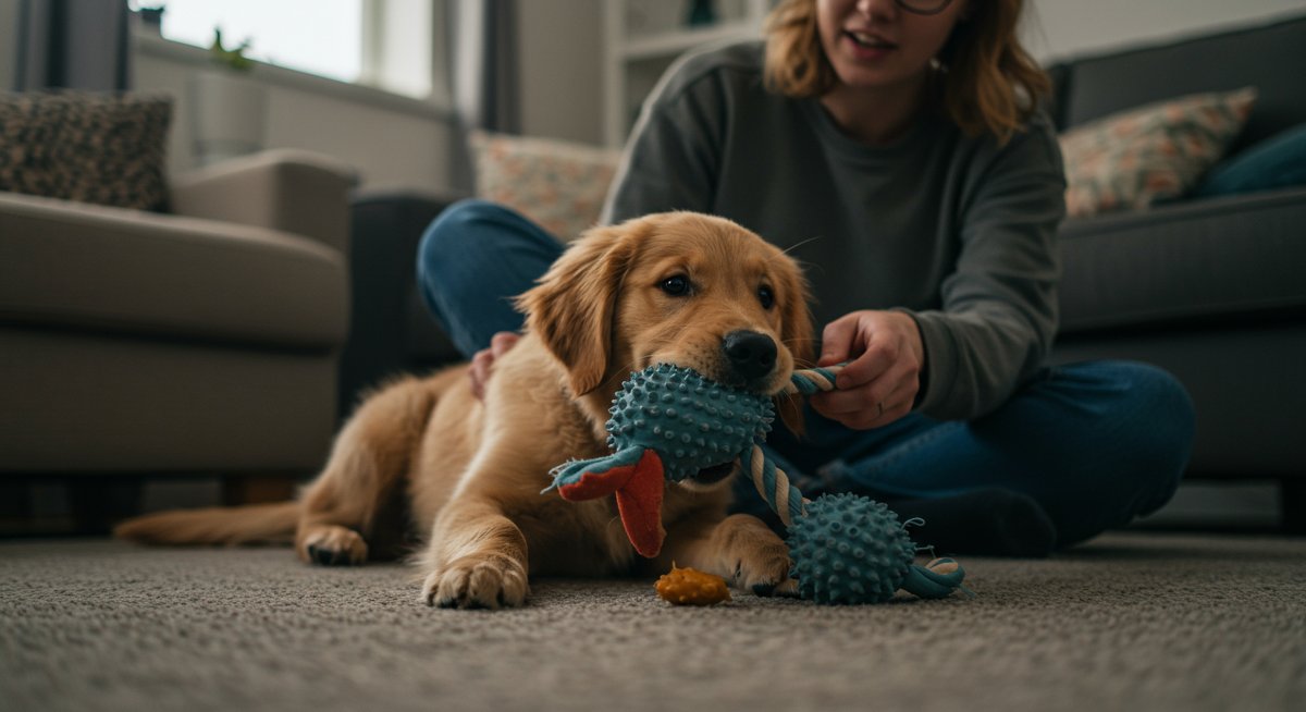 Experienced owner training a golden retriever puppy to redirect chewing behavior with a durable toy in a comfortable home setting.
