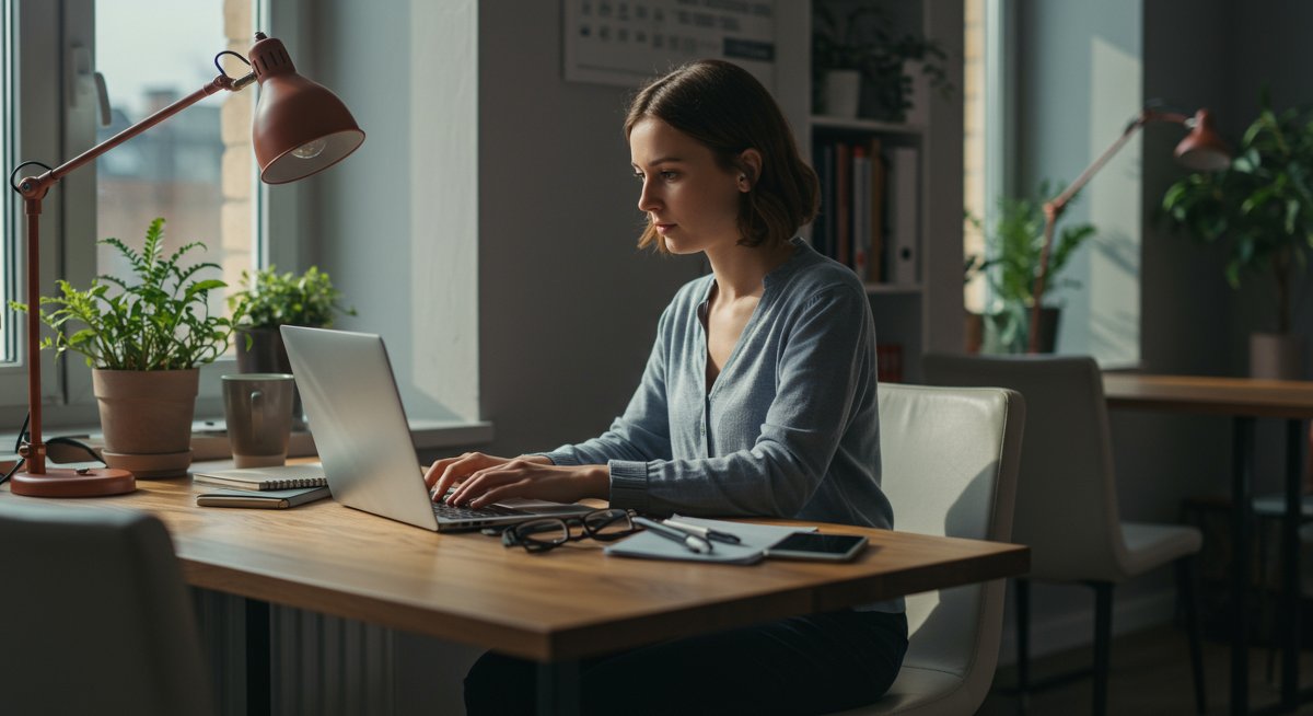 Professional illustration of a female digital nomad using a mobile hotspot for remote work in a co-working space