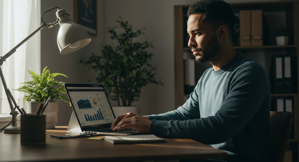 Experienced minimalist managing digital inbox with professional workspace setup