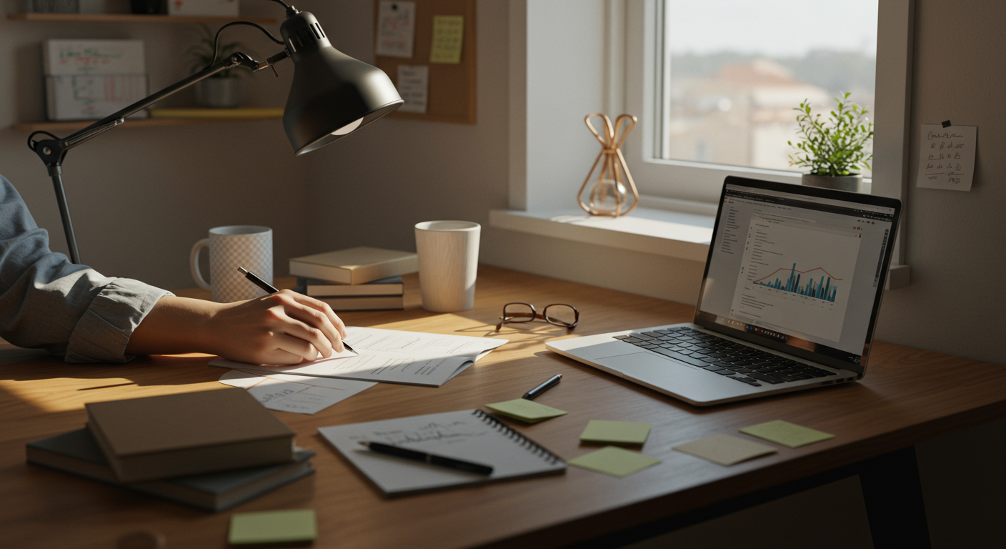 Experienced minimalist decluttering and strategic planning in a home office with a clean desk, natural lighting, and a focused atmosphere.