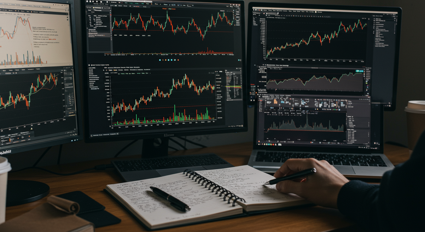 International crypto trader analyzing Bitcoin charts and making informed decisions