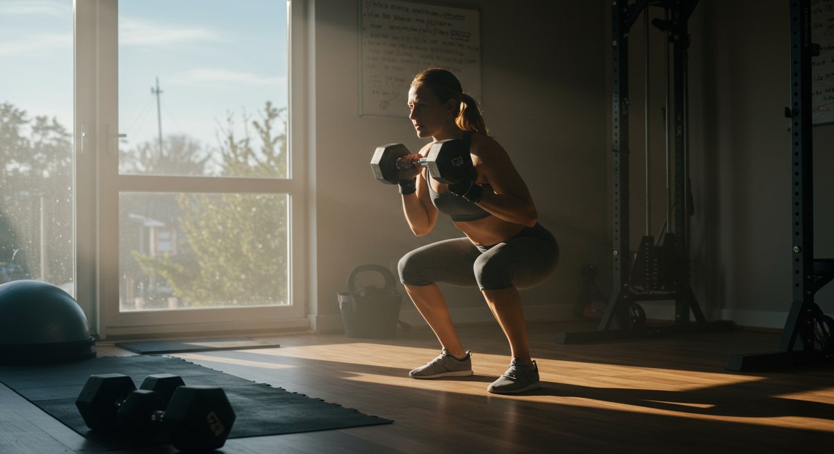 Person doing squats with dumbbells in home gym with natural lighting