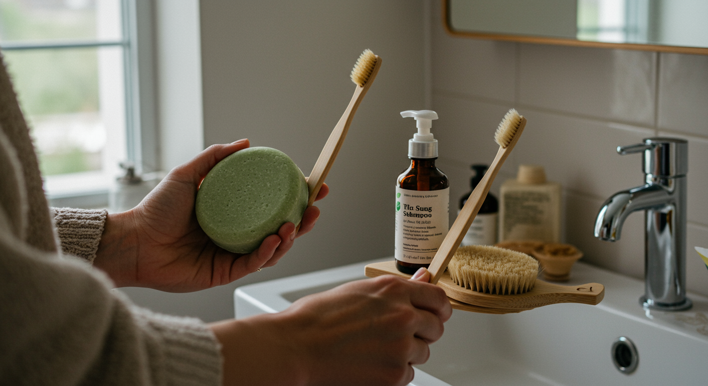 Eco-friendly bathroom swaps: A person holding a solid shampoo bar and bamboo toothbrush in a minimalist bathroom.