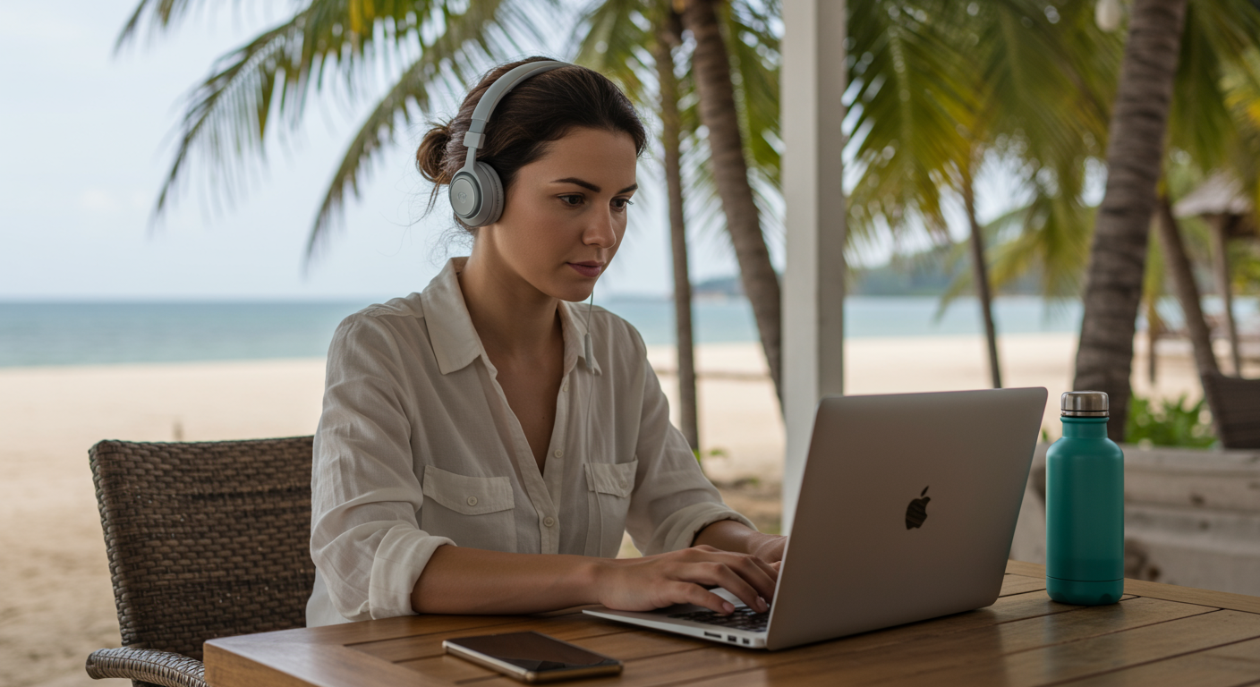 Woman working remotely at a beachside cafe, showcasing a digital nomad lifestyle with essential tech and workflow.