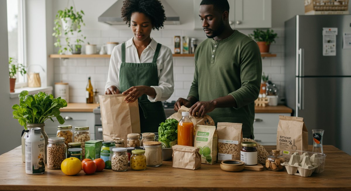 Eco-friendly products organized in a modern kitchen with reusable bags and bulk containers for sustainable shopping