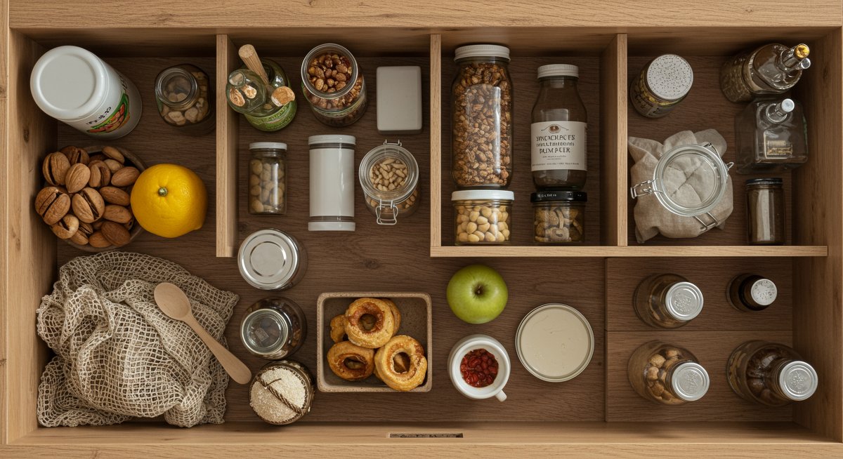 Zero-waste pantry essentials in a modern kitchen with bulk containers, reusable bags, and glass jars for sustainable storage