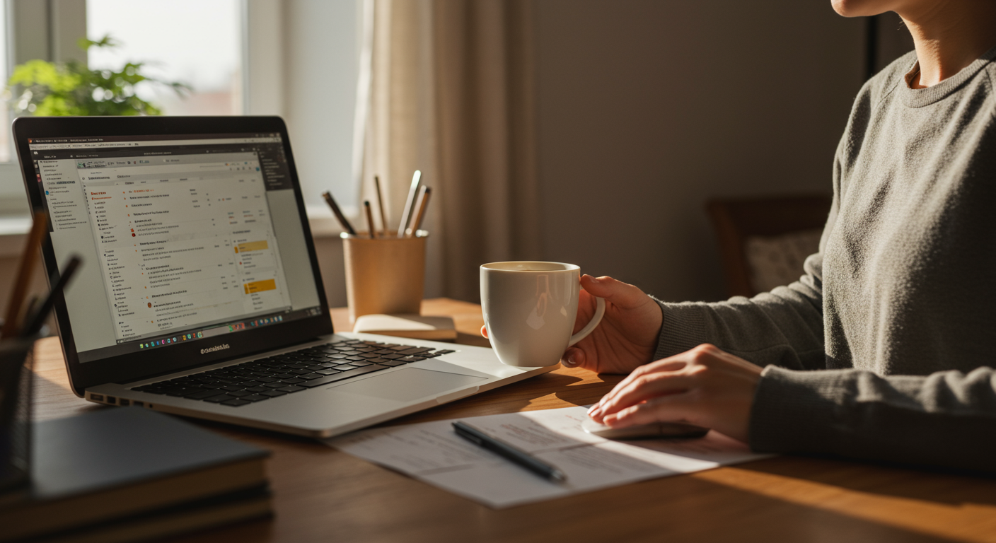 A person at a desk working on a laptop with coffee, emphasizing deep work focus and productivity.