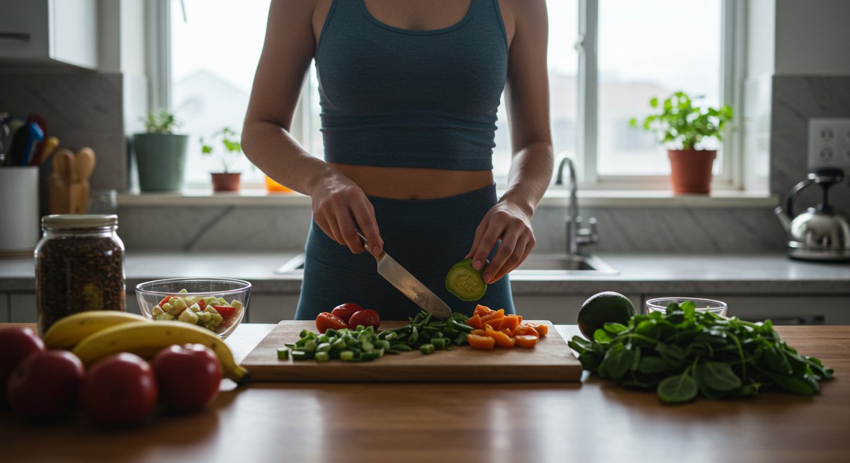 Person preparing healthy meal with fresh vegetables in kitchen