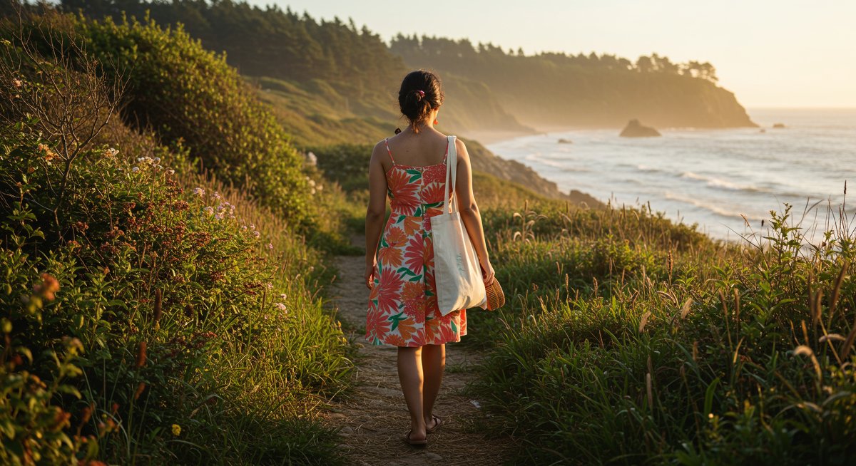 Eco-friendly summer fashion showcase with reusable linen dress, bamboo accessories, and sustainable tote bag in coastal setting