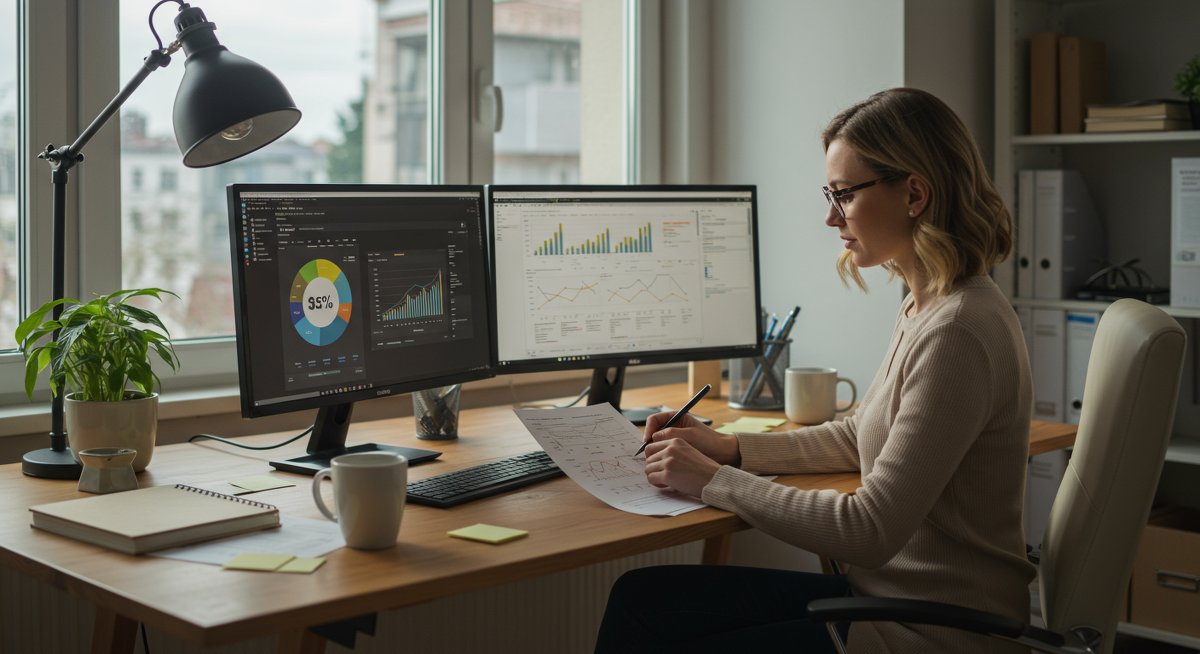 Retirement budgeting illustration: Professional woman in modern home office using budgeting software with daylight, plants, and organized financial documents