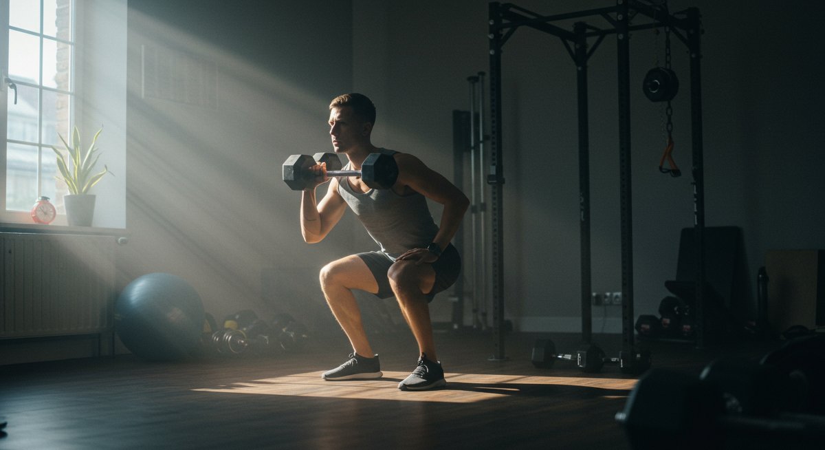 Person doing squats with dumbbells in home gym with natural lighting