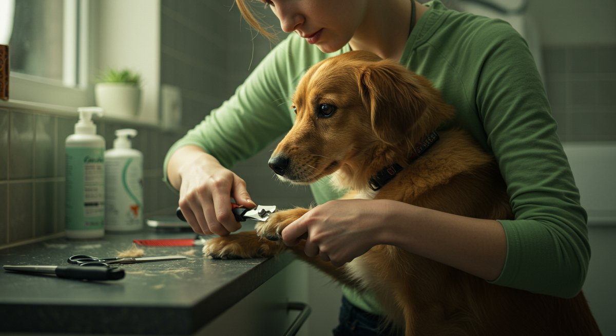 Woman safely trimming her dog's nails at home with grooming tools, showing pet care and safety