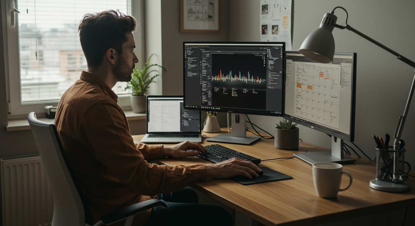 A professional working from home, focused on a sustainable workflow using dual monitors and a digital calendar.