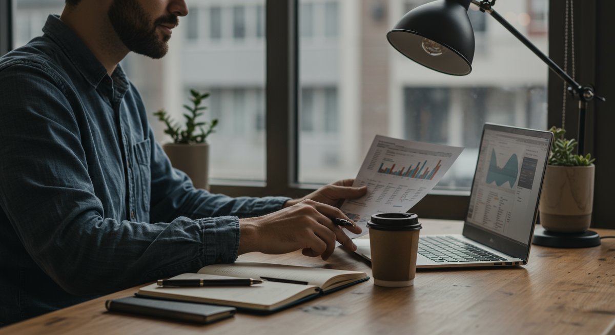 Digital nomad managing finances with budget spreadsheet, notebook, and coffee in workspace