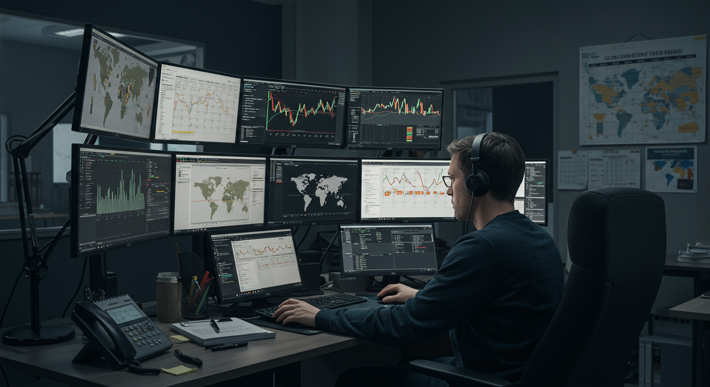 Global crypto trader analyzing Bitcoin charts and planning for international trades