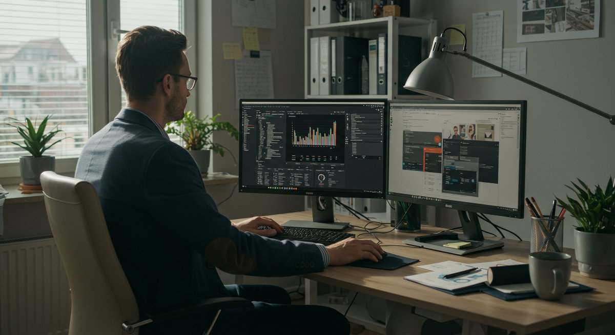Experienced budgeter managing cash flow with professional budgeting software in modern workspace