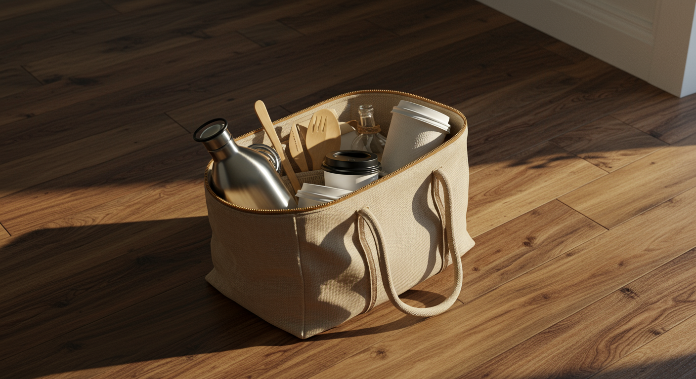 Eco-friendly travel essentials packed in a travel bag, including a reusable water bottle, coffee cup, and cutlery, promoting sustainable tourism.