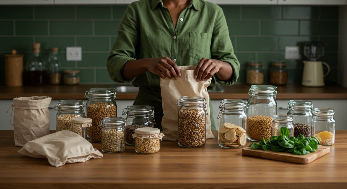 Zero-waste kitchen setup with reusable containers, bulk food storage, and natural cleaning products