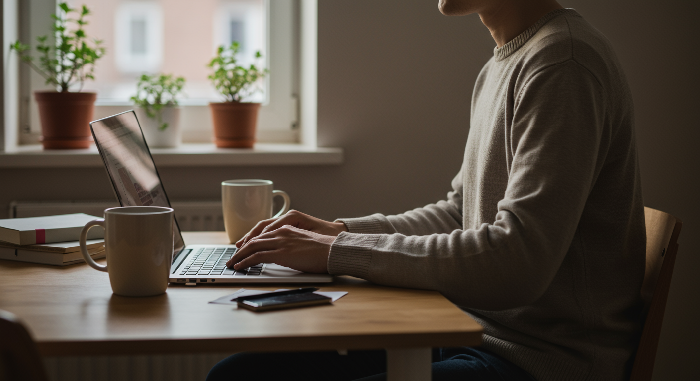 A minimalist home office with a person working on a laptop, promoting mindful minimalism. The scene includes a laptop, coffee mug, notepad, and plants, all in a clean, organized setting with natural lighting.